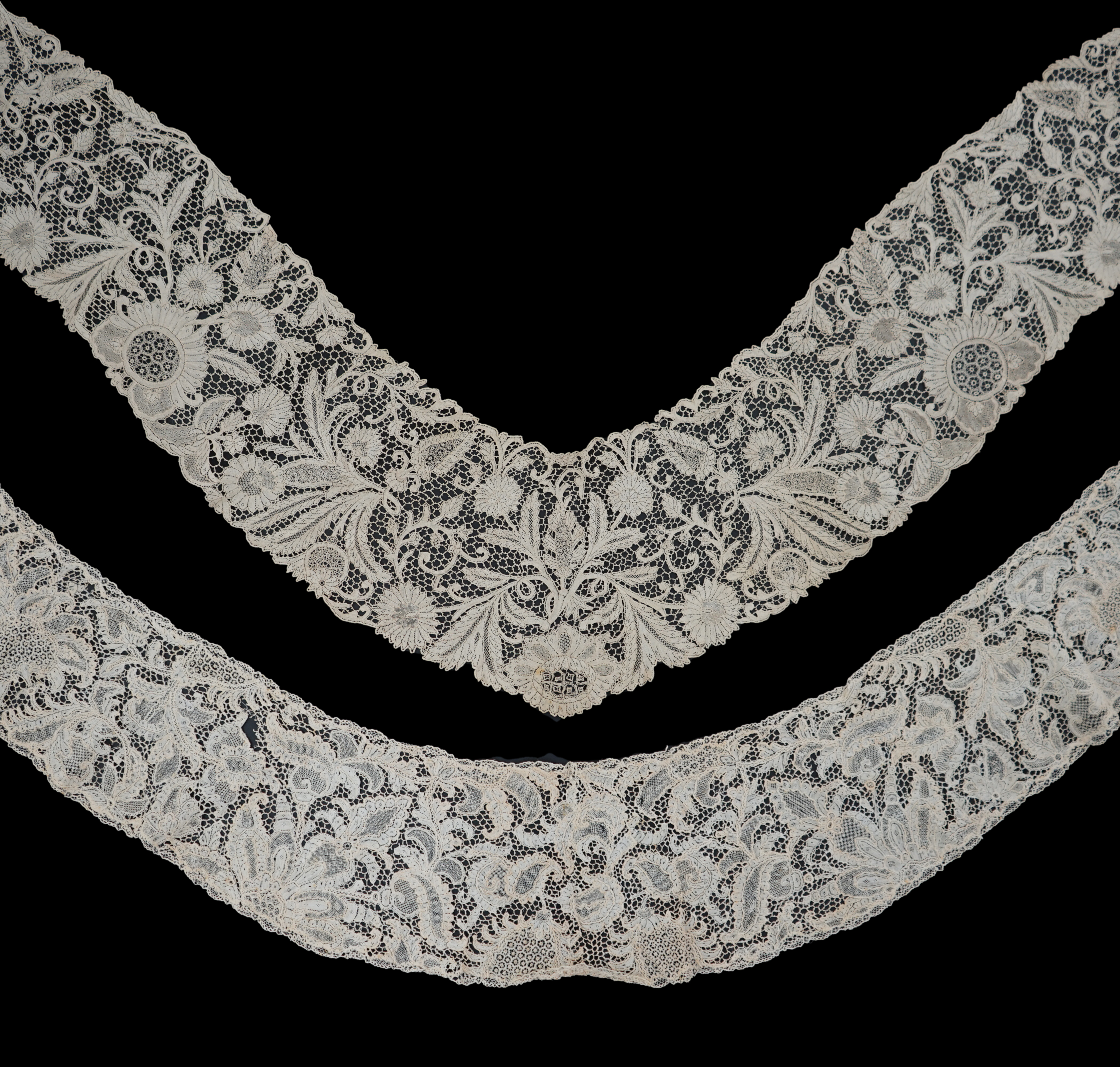 A fine mid 18th century Point de France needle lace flounce collar, together with a later similar mid 19th century Irish Youghal needle point lace collar. Youghal made to reproduce the fine picots and fillings of 18th ce